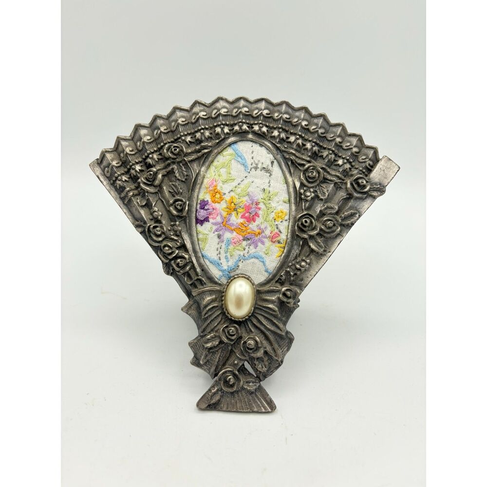 Vintage Fan Shaped Pewter Picture Frame Vintage Embroidery Tabletop